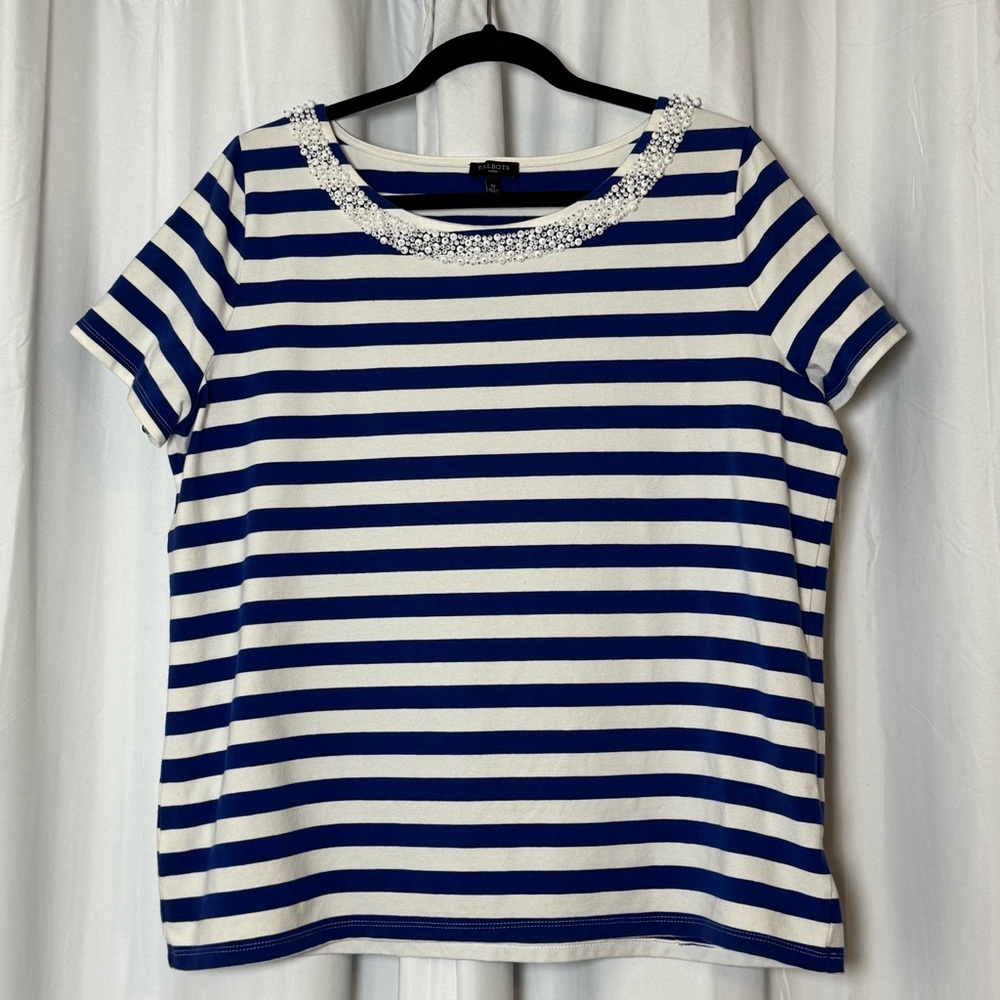 Talbots 1X Blue White Breton Stripe Embellished Neck Tee Plus Size